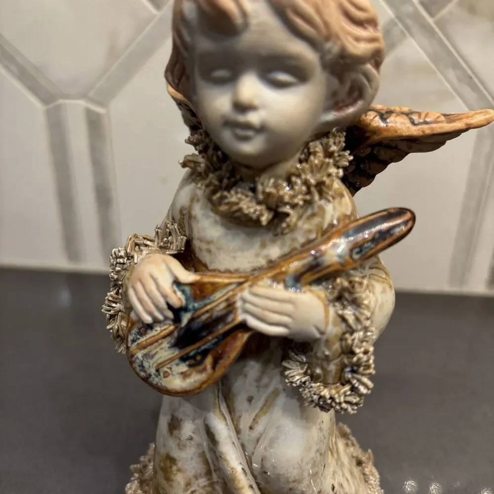 Vintage Cherub Angel Playing Mandolin Lute Resin 6” Spaghetti Trim Holy EUC